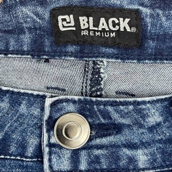 Black Premium Skinny Flex Blue trendy Jeans Distressed Patches Sz 28 /28 Hemmed - Picture 7 of 10